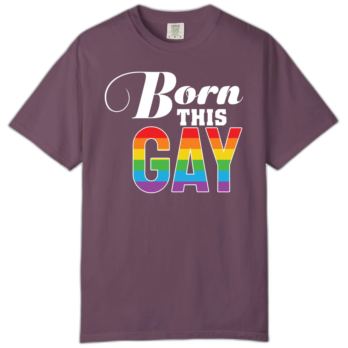 Born This Gay pride design with rainbow flag stripes filling large letters on gray background in Berry