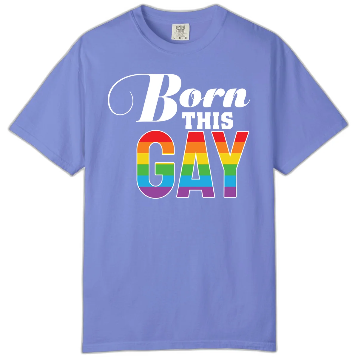 Born This Gay pride design with rainbow flag stripes filling large letters on gray background in Flo Blue