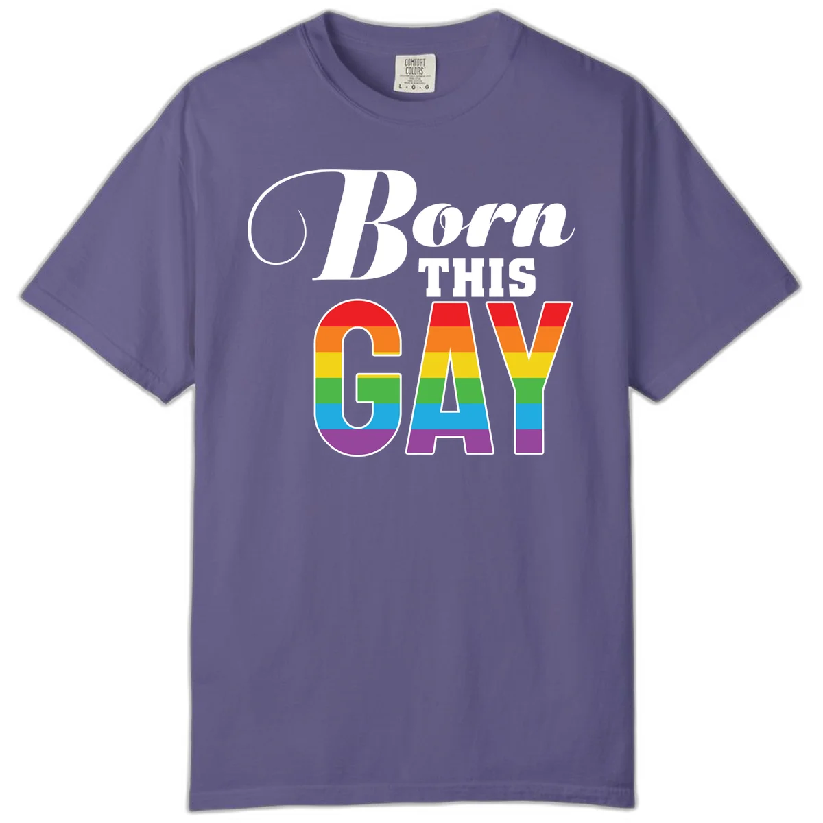 Born This Gay pride design with rainbow flag stripes filling large letters on gray background in Grape