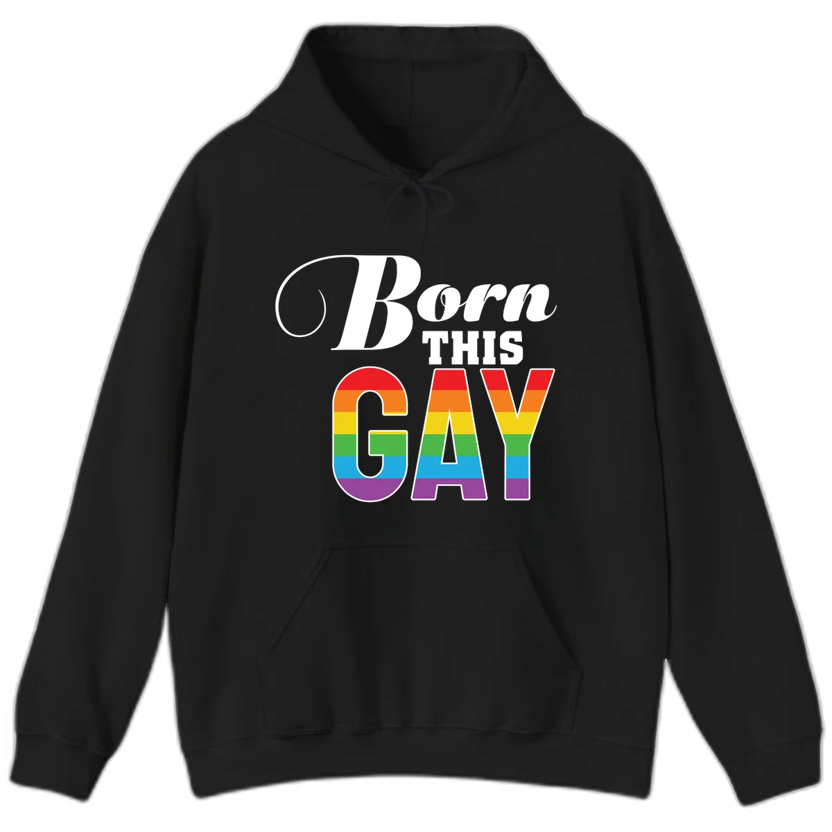 Born This Gay pride design with rainbow flag stripes filling large letters on gray background in Black