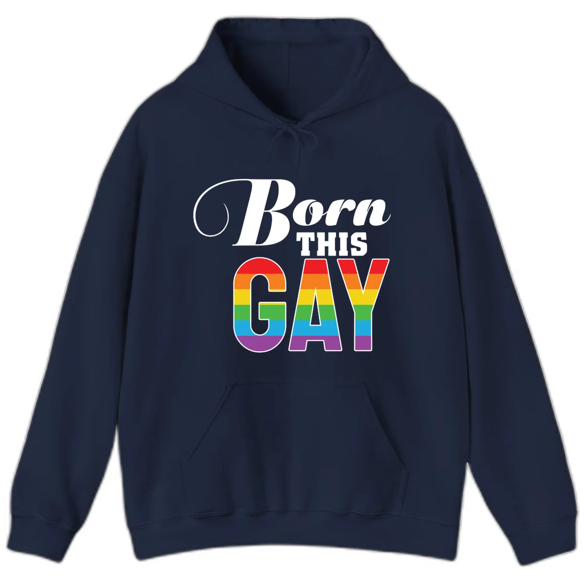 Born This Gay pride design with rainbow flag stripes filling large letters on gray background in Navy