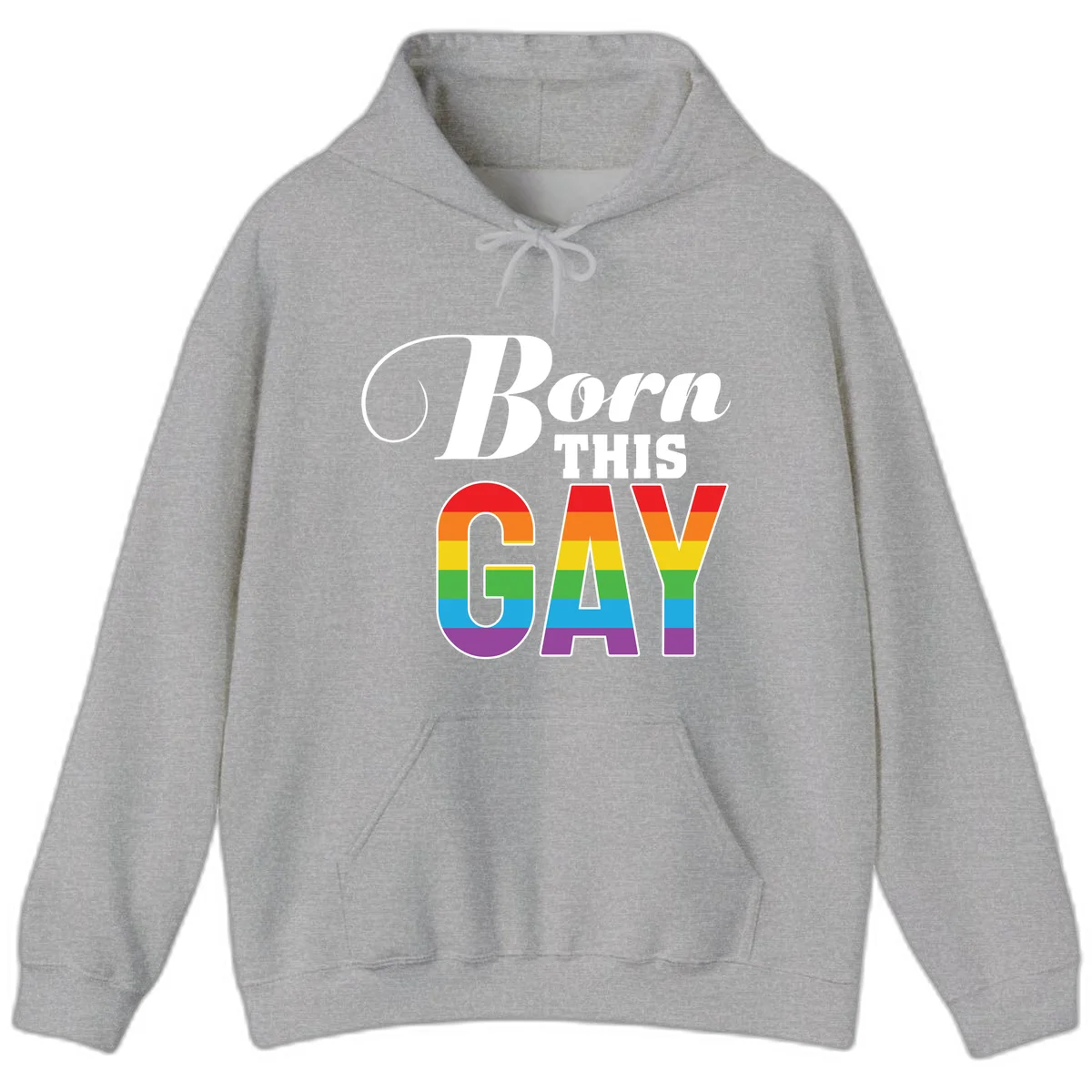 Born This Gay pride design with rainbow flag stripes filling large letters on gray background in Sport Grey
