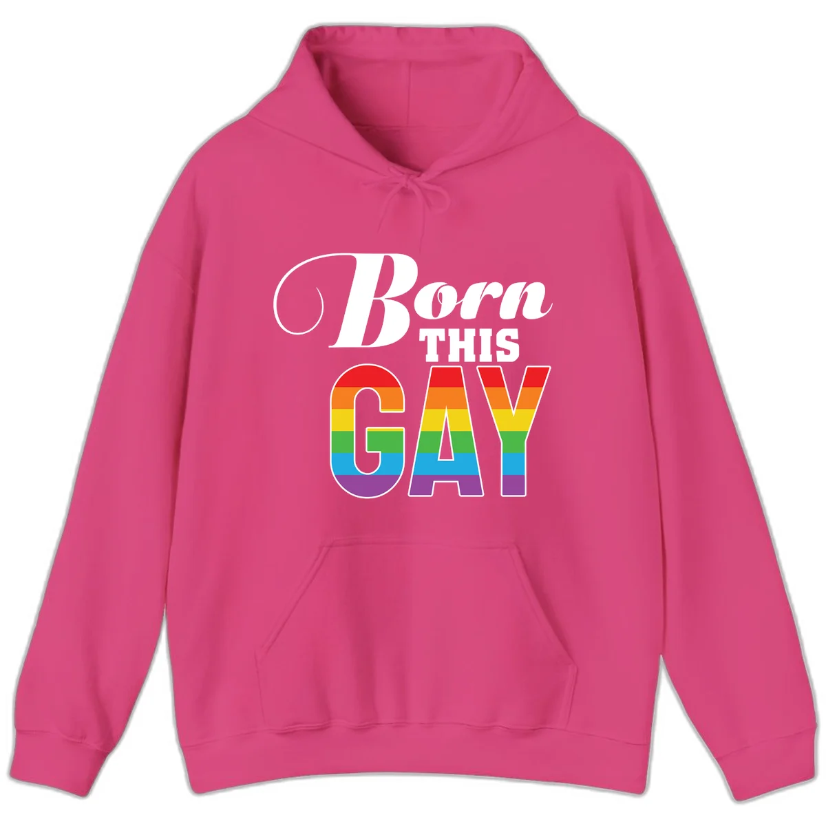 Born This Gay pride design with rainbow flag stripes filling large letters on gray background in Heliconia