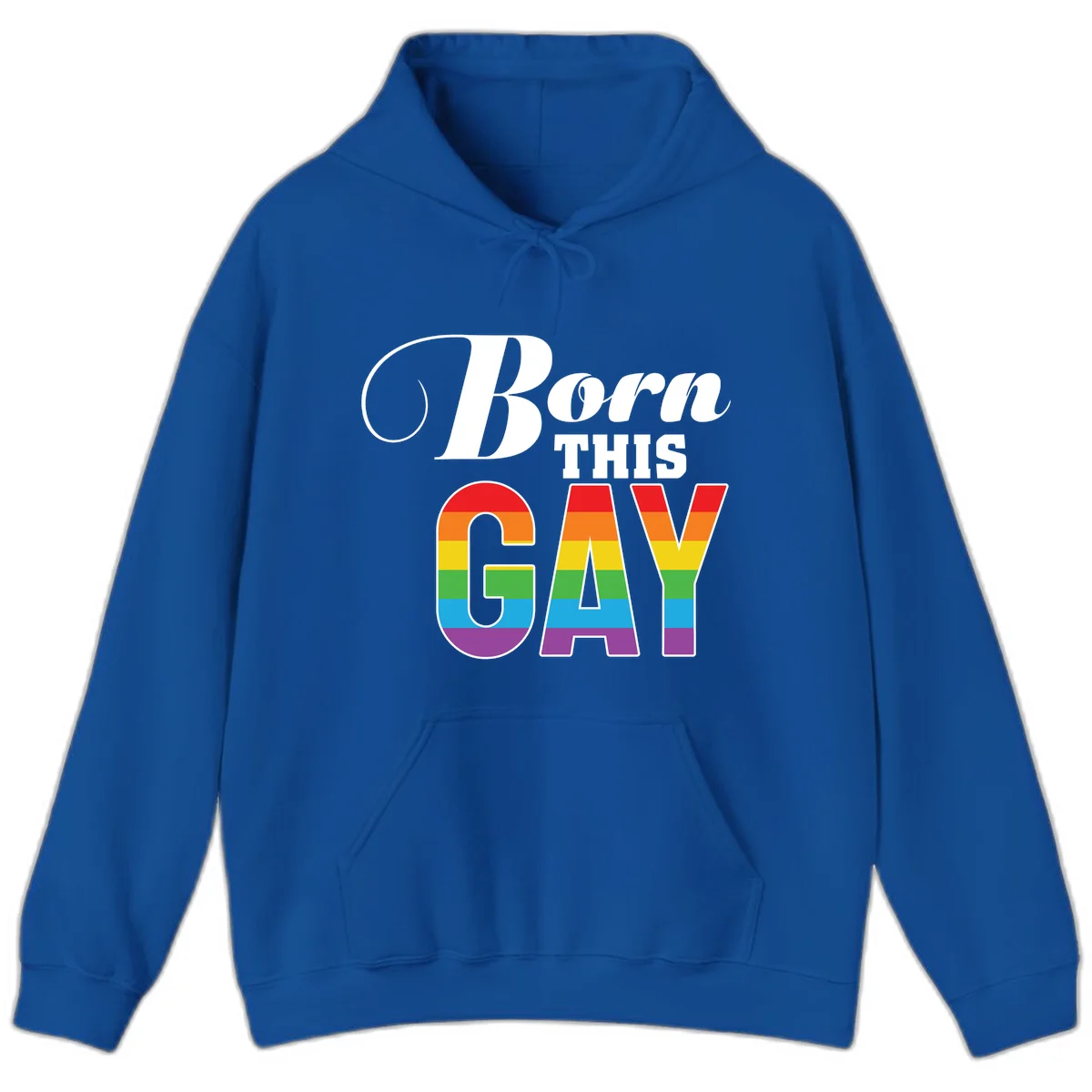 Born This Gay pride design with rainbow flag stripes filling large letters on gray background in Royal