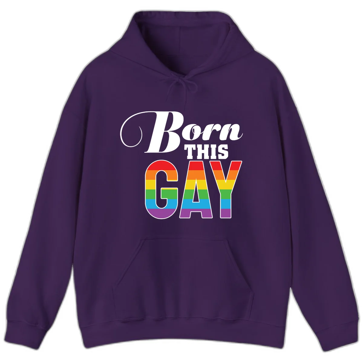 Born This Gay pride design with rainbow flag stripes filling large letters on gray background in Purple