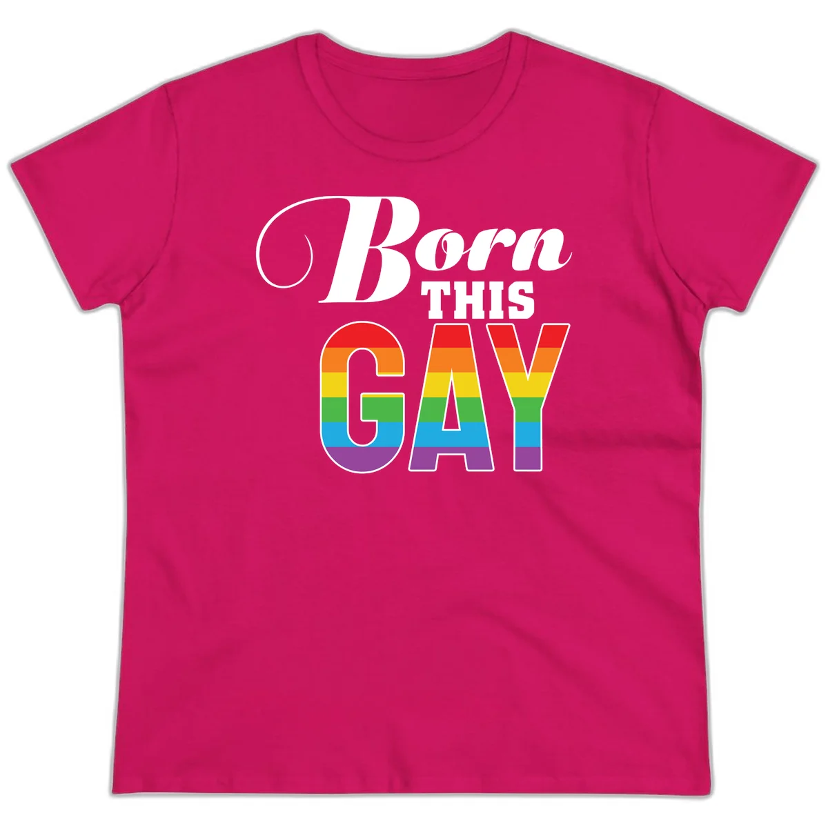 Born This Gay pride design with rainbow flag stripes filling large letters on gray background in Heliconia