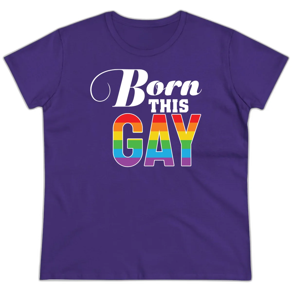 Born This Gay pride design with rainbow flag stripes filling large letters on gray background in Purple