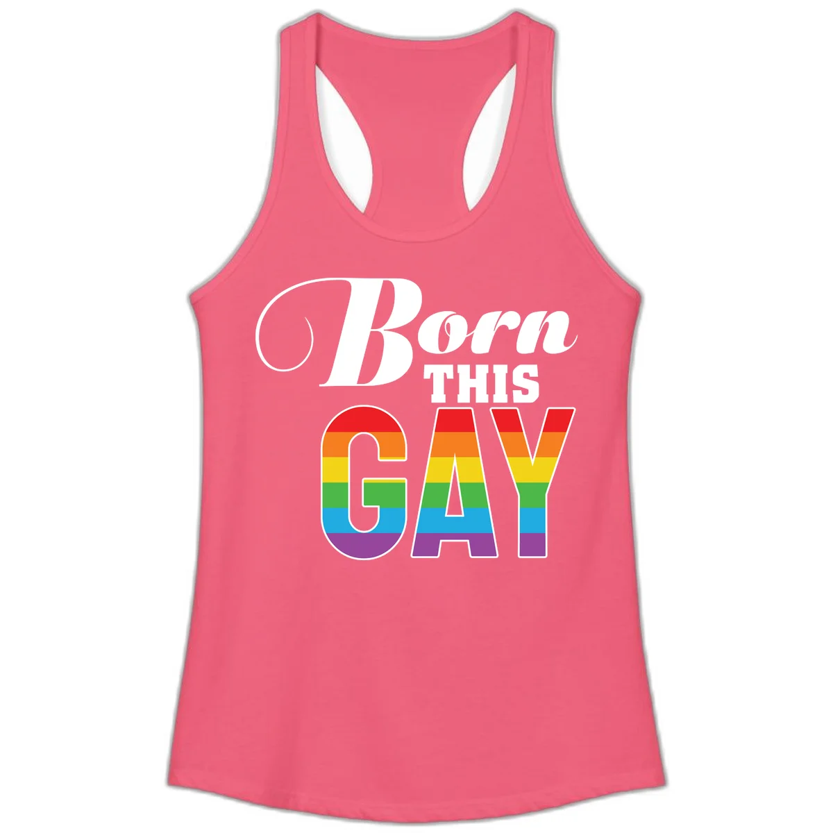 Born This Gay pride design with rainbow flag stripes filling large letters on gray background in Hot Pink
