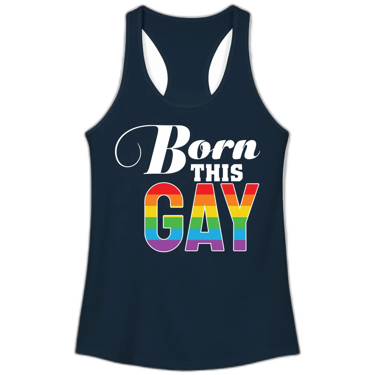 Born This Gay pride design with rainbow flag stripes filling large letters on gray background in Solid Midnight Navy