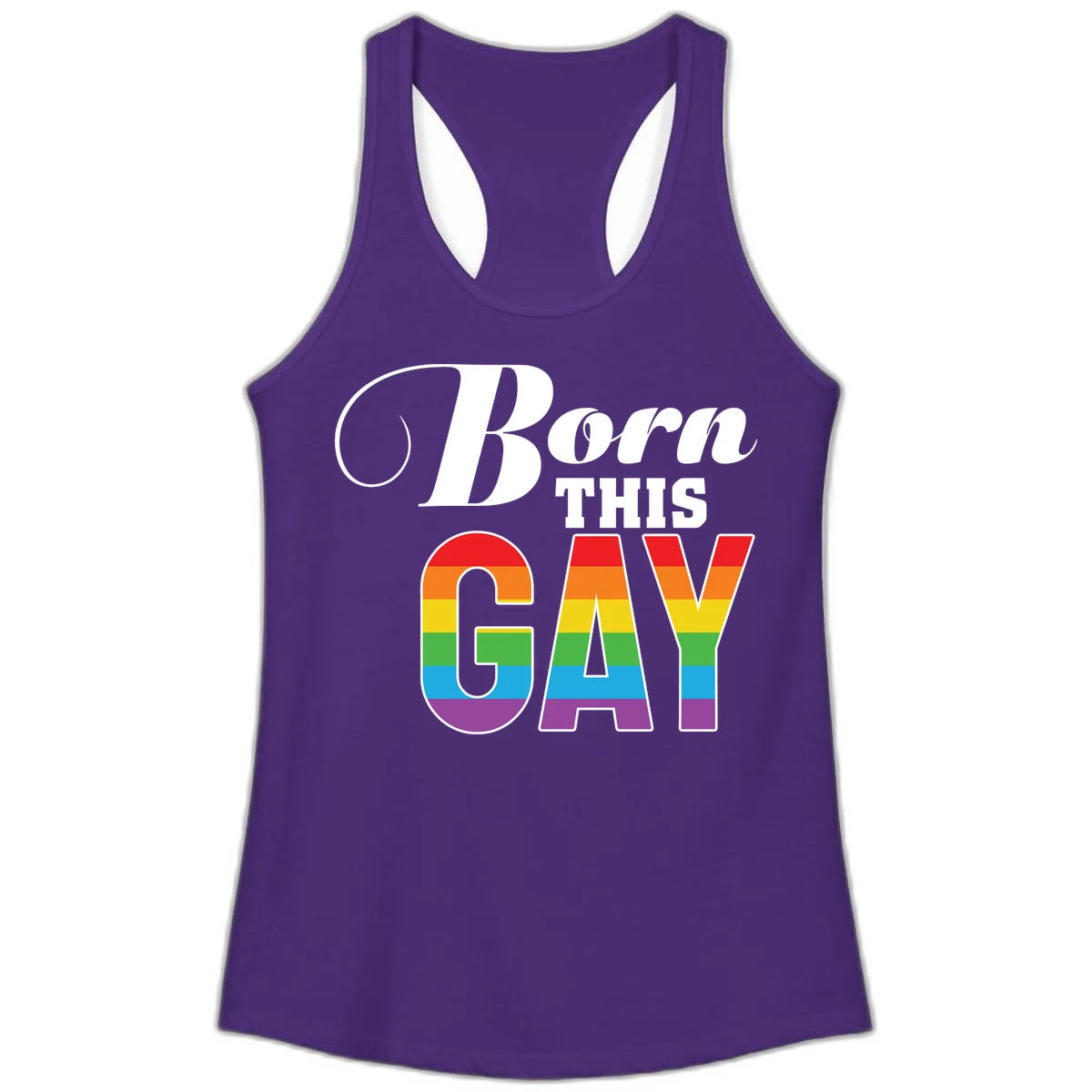 Born This Gay pride design with rainbow flag stripes filling large letters on gray background in Solid Purple Rush
