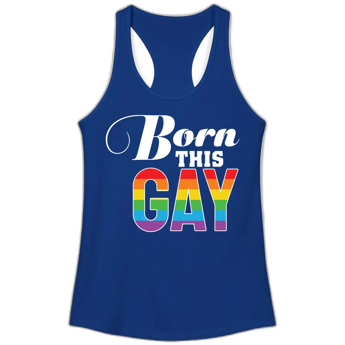 Born This Gay pride design with rainbow flag stripes filling large letters on gray background in Solid Royal