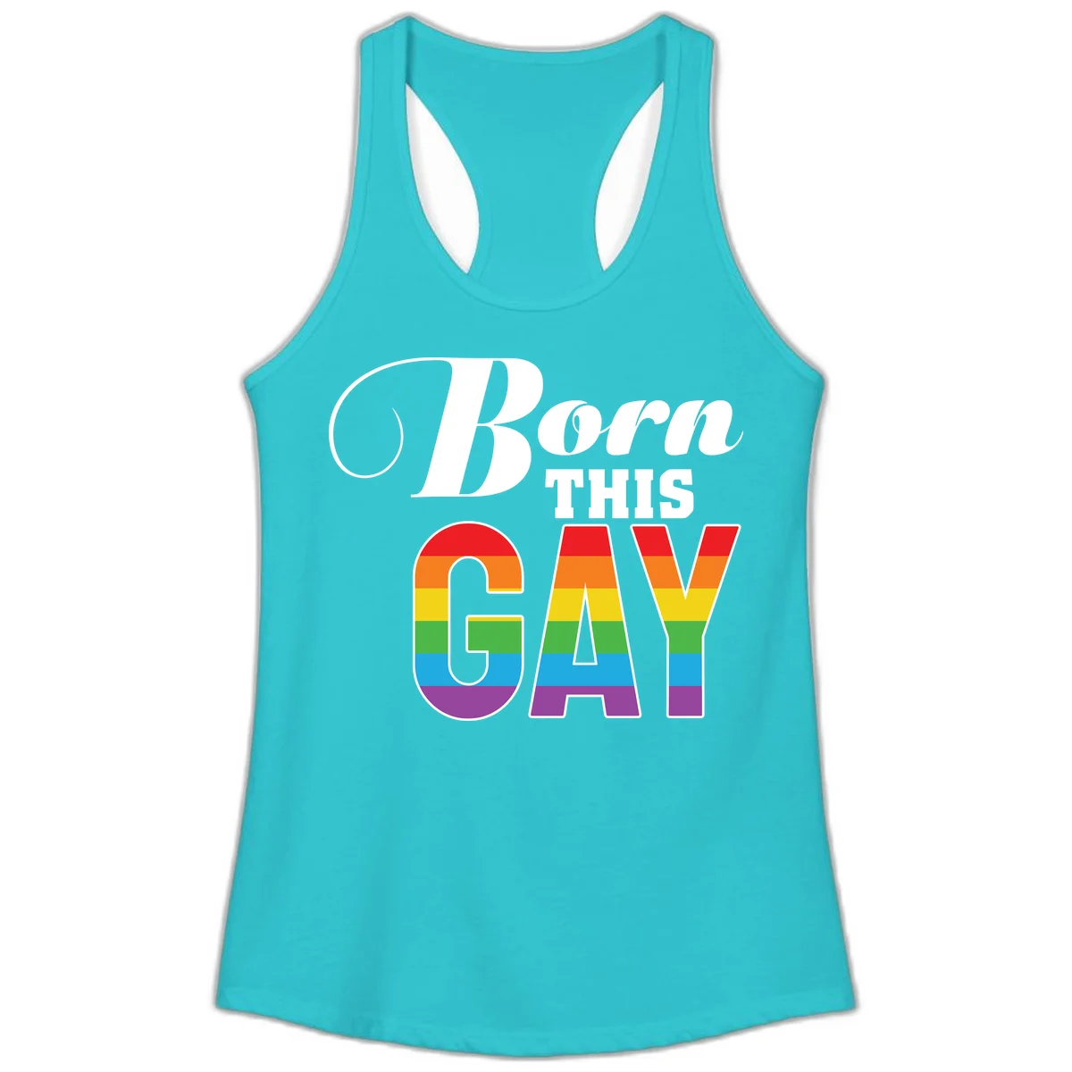 Born This Gay pride design with rainbow flag stripes filling large letters on gray background in Solid Tahiti Blue