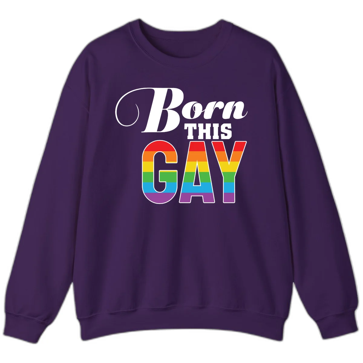 Born This Gay pride design with rainbow flag stripes filling large letters on gray background in Purple