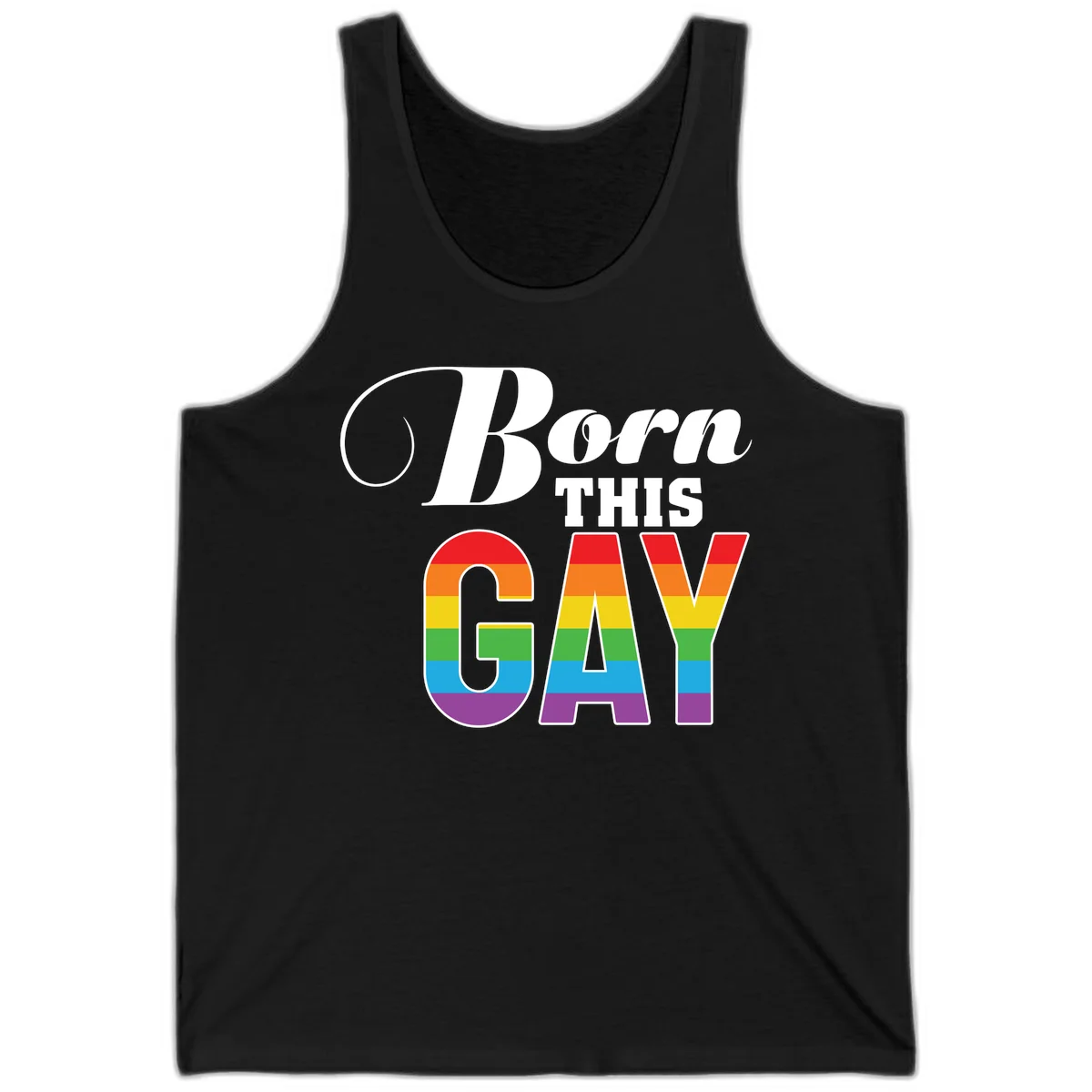 Born This Gay pride design with rainbow flag stripes filling large letters on gray background in Black