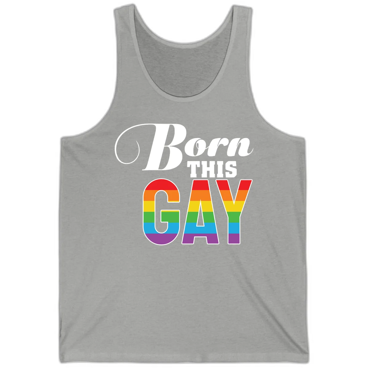 Born This Gay pride design with rainbow flag stripes filling large letters on gray background in Athletic Heather