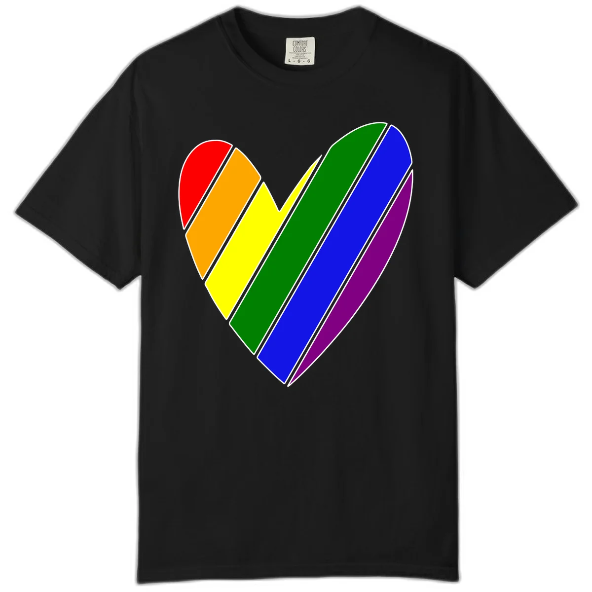 Rainbow pride heart made of diagonal chevron stripes in red, orange, yellow, green, blue, and purple colors with white outlines in Black
