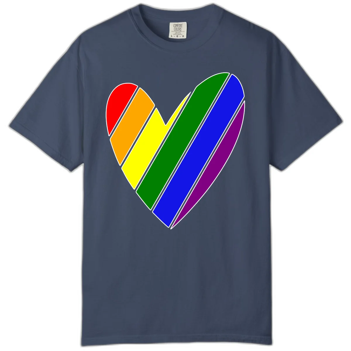 Rainbow pride heart made of diagonal chevron stripes in red, orange, yellow, green, blue, and purple colors with white outlines in Midnight