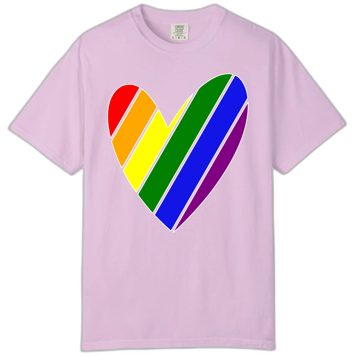 Rainbow pride heart made of diagonal chevron stripes in red, orange, yellow, green, blue, and purple colors with white outlines in Orchid