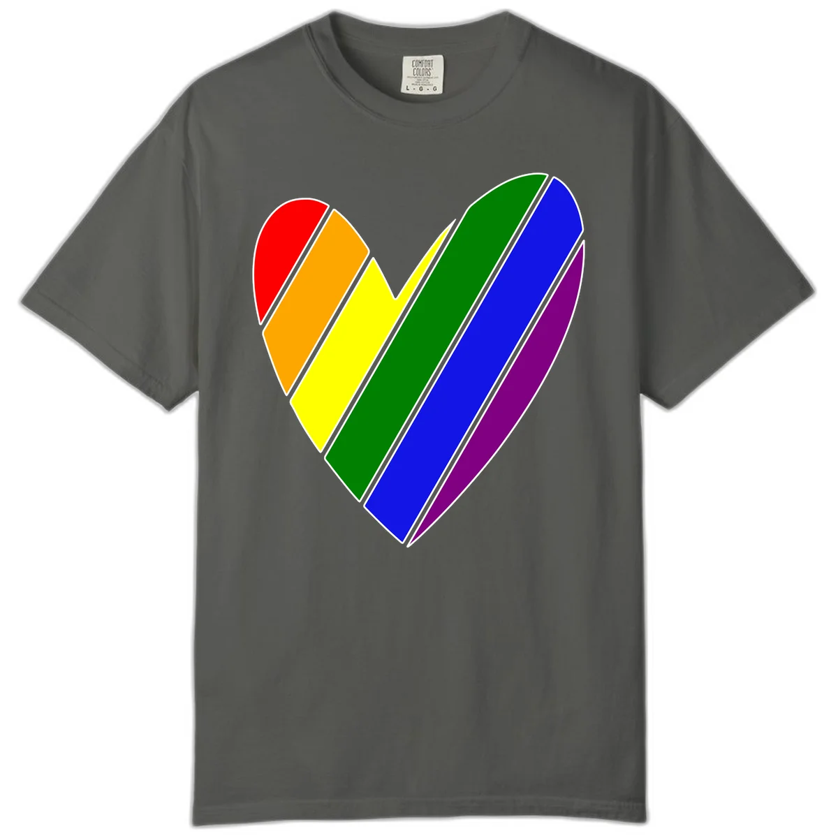 Rainbow pride heart made of diagonal chevron stripes in red, orange, yellow, green, blue, and purple colors with white outlines in Pepper
