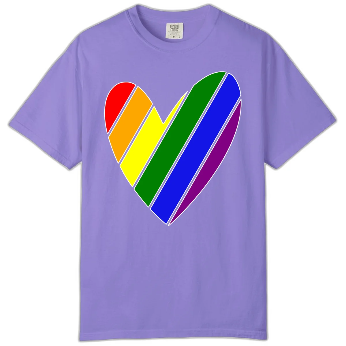 Rainbow pride heart made of diagonal chevron stripes in red, orange, yellow, green, blue, and purple colors with white outlines in Violet