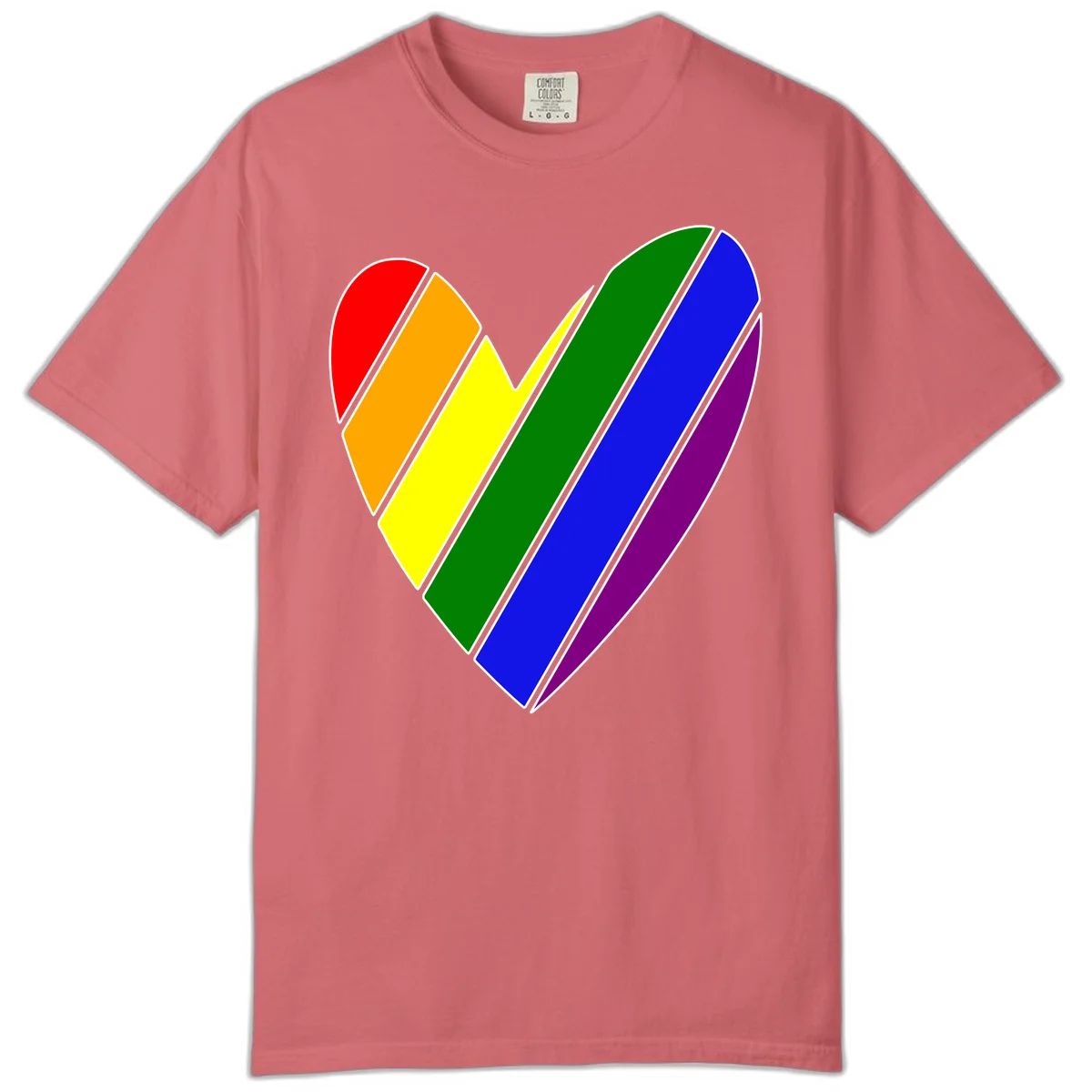 Rainbow pride heart made of diagonal chevron stripes in red, orange, yellow, green, blue, and purple colors with white outlines in Watermelon
