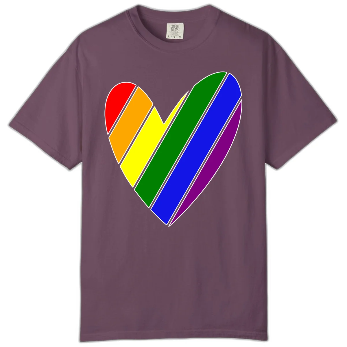 Rainbow pride heart made of diagonal chevron stripes in red, orange, yellow, green, blue, and purple colors with white outlines in Berry