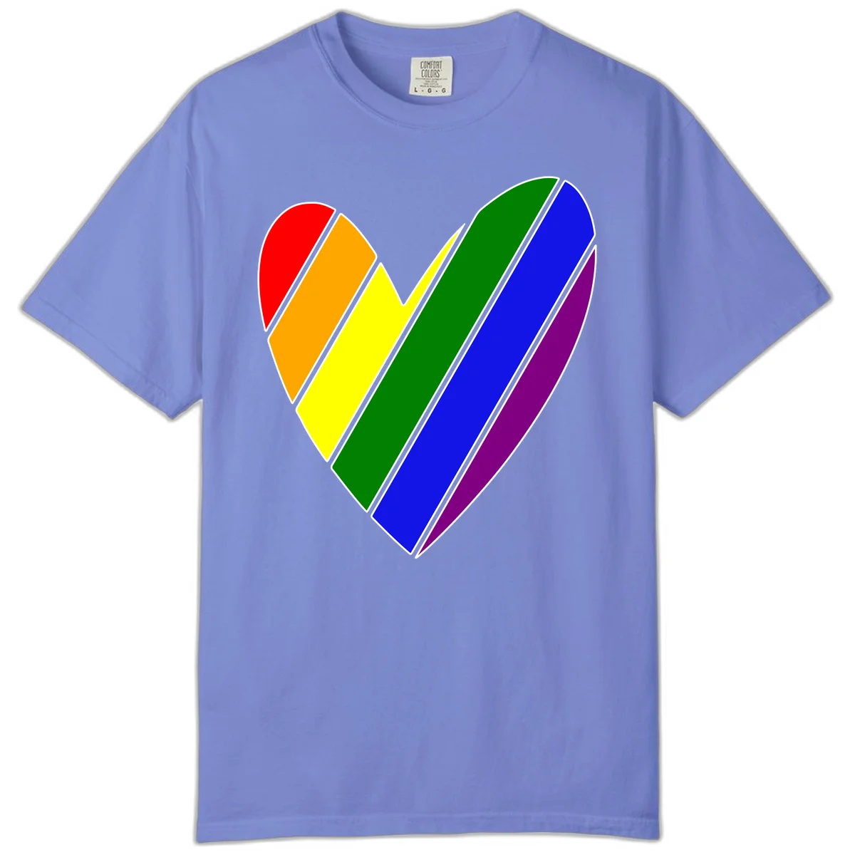 Rainbow pride heart made of diagonal chevron stripes in red, orange, yellow, green, blue, and purple colors with white outlines in Flo Blue
