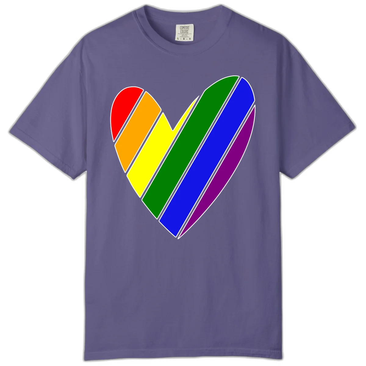 Rainbow pride heart made of diagonal chevron stripes in red, orange, yellow, green, blue, and purple colors with white outlines in Grape