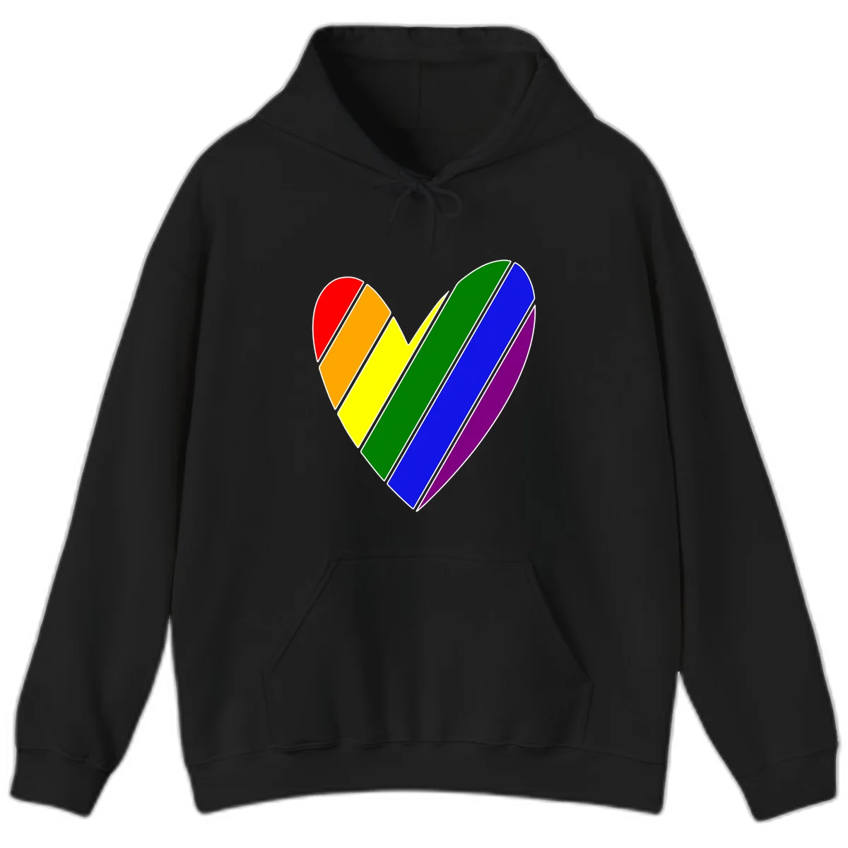 Rainbow pride heart made of diagonal chevron stripes in red, orange, yellow, green, blue, and purple colors with white outlines in Black