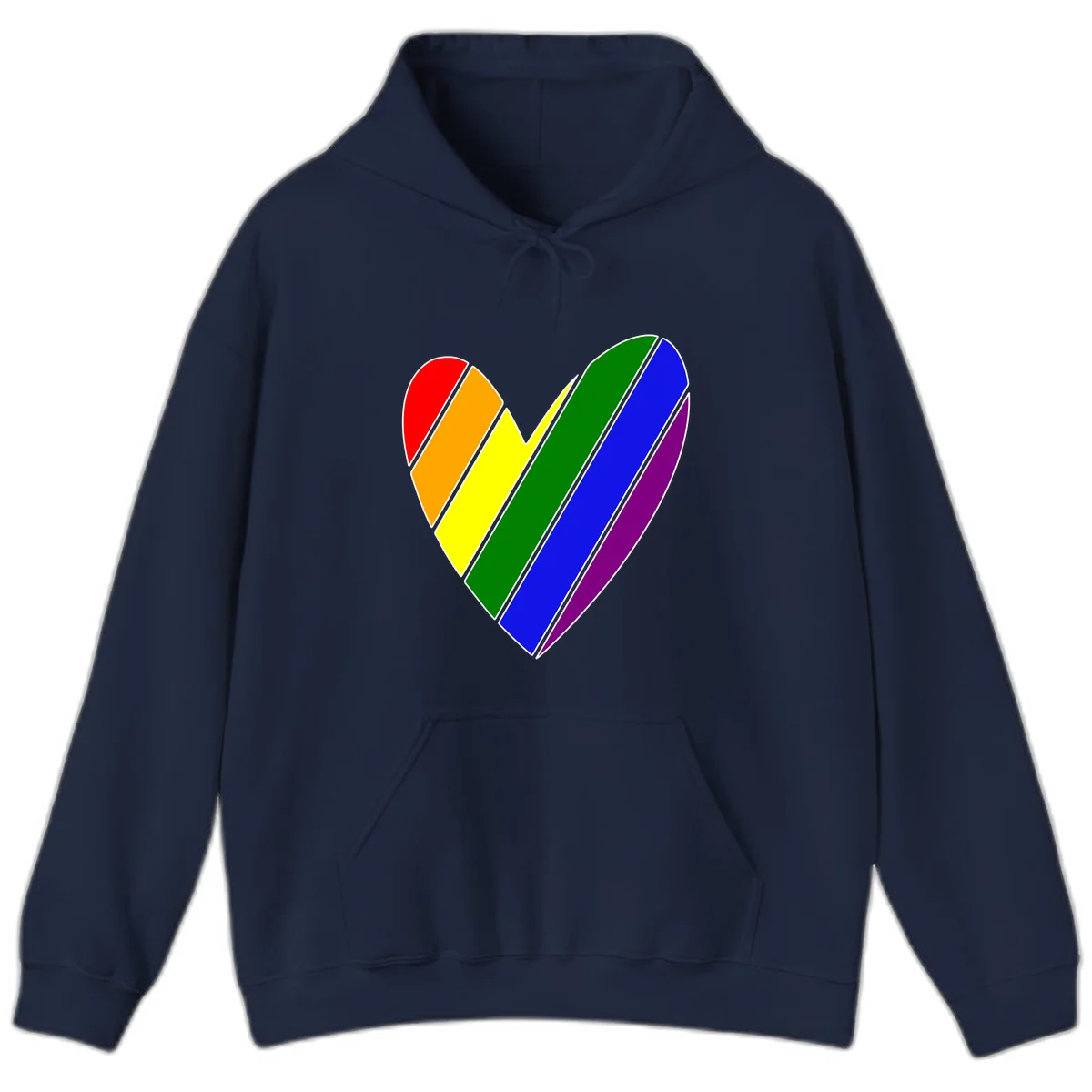 Rainbow pride heart made of diagonal chevron stripes in red, orange, yellow, green, blue, and purple colors with white outlines in Navy