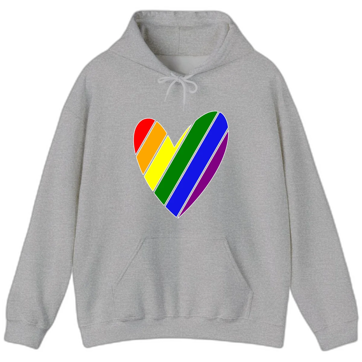 Rainbow pride heart made of diagonal chevron stripes in red, orange, yellow, green, blue, and purple colors with white outlines in Sport Grey