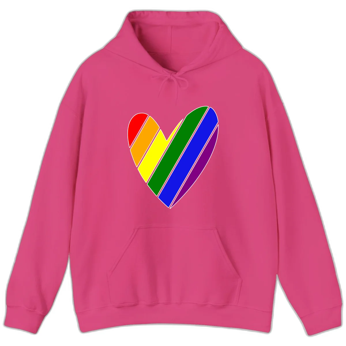 Rainbow pride heart made of diagonal chevron stripes in red, orange, yellow, green, blue, and purple colors with white outlines in Heliconia