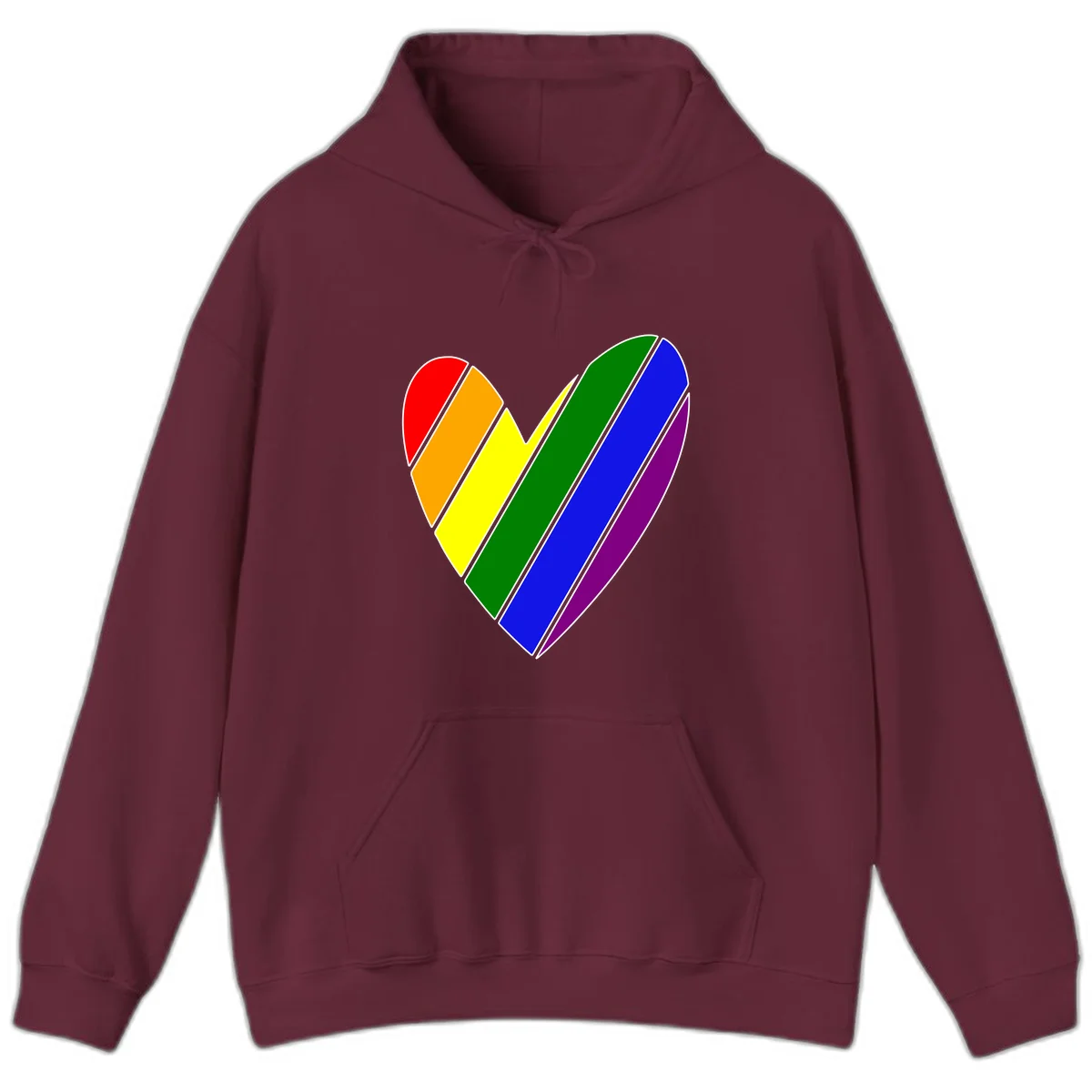 Rainbow pride heart made of diagonal chevron stripes in red, orange, yellow, green, blue, and purple colors with white outlines in Maroon