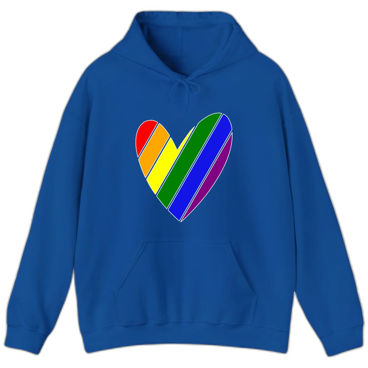 Rainbow pride heart made of diagonal chevron stripes in red, orange, yellow, green, blue, and purple colors with white outlines in Royal