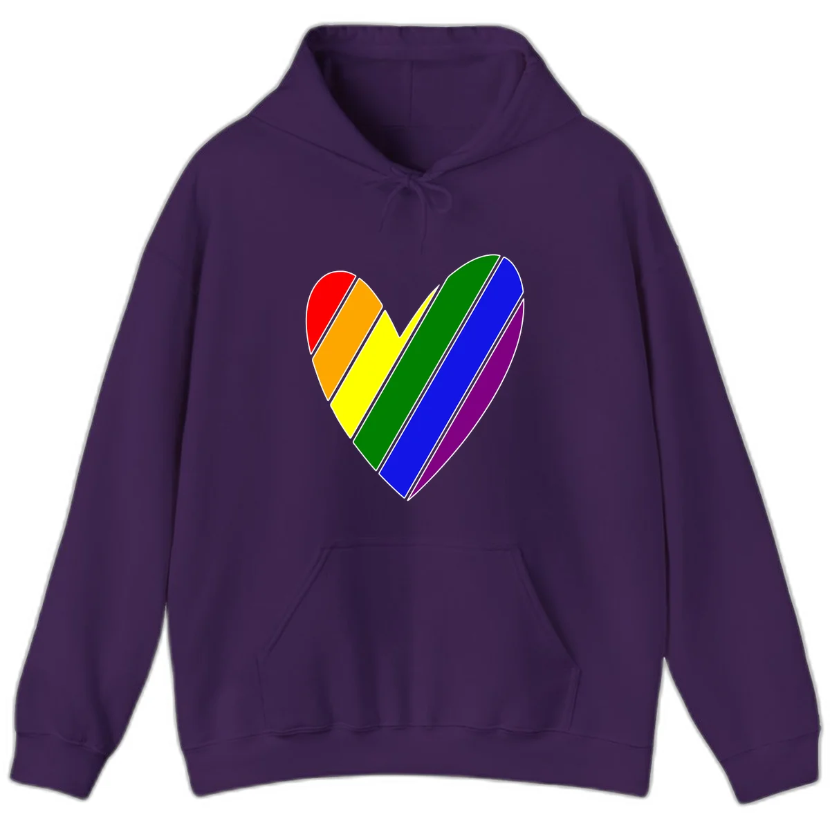 Rainbow pride heart made of diagonal chevron stripes in red, orange, yellow, green, blue, and purple colors with white outlines in Purple