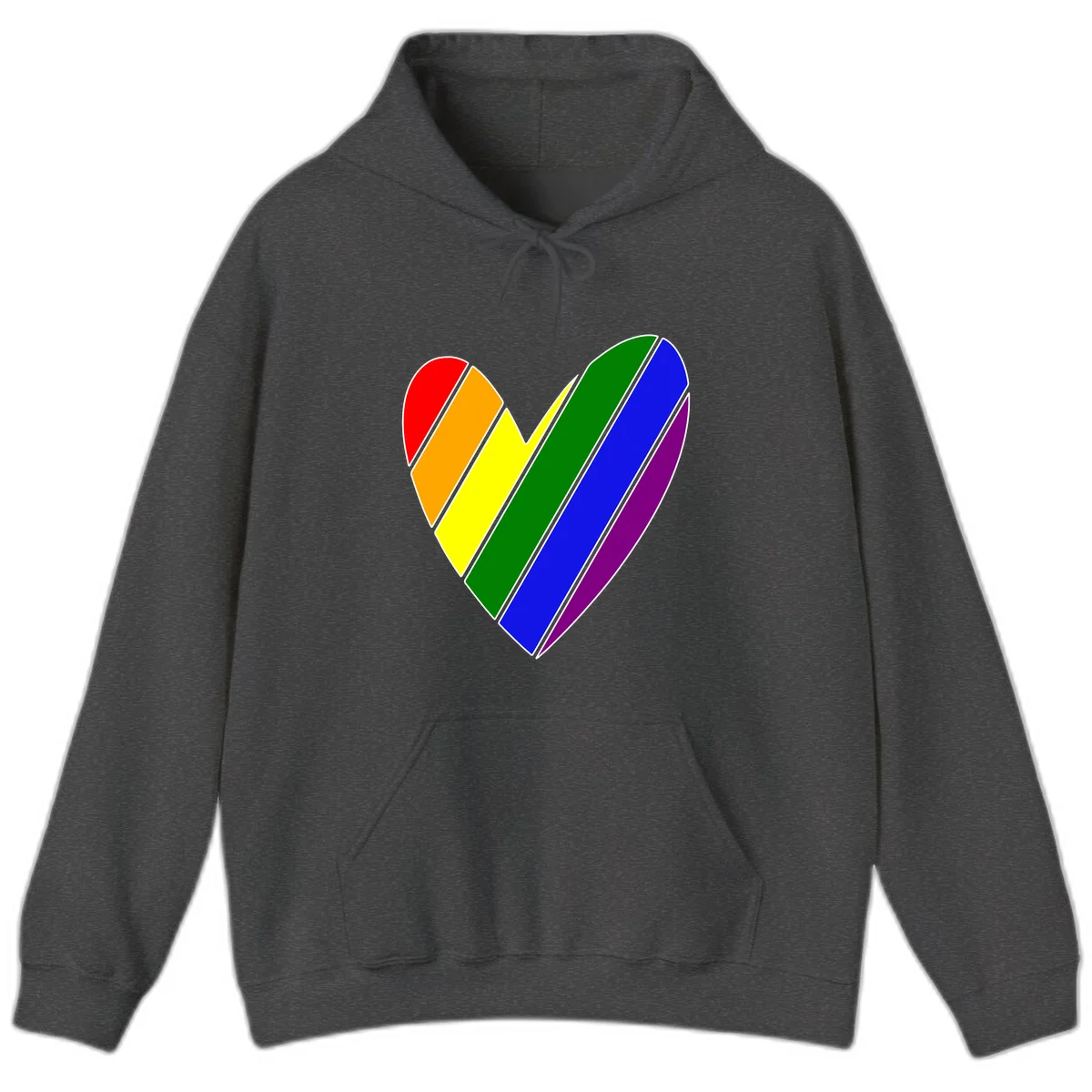Rainbow pride heart made of diagonal chevron stripes in red, orange, yellow, green, blue, and purple colors with white outlines in Dark Heather