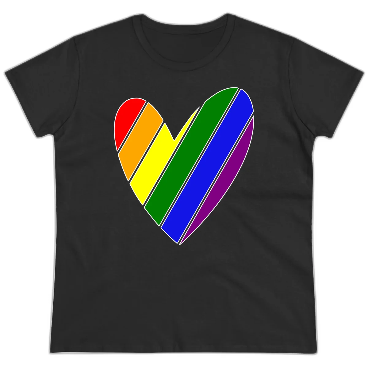 Rainbow pride heart made of diagonal chevron stripes in red, orange, yellow, green, blue, and purple colors with white outlines in Black