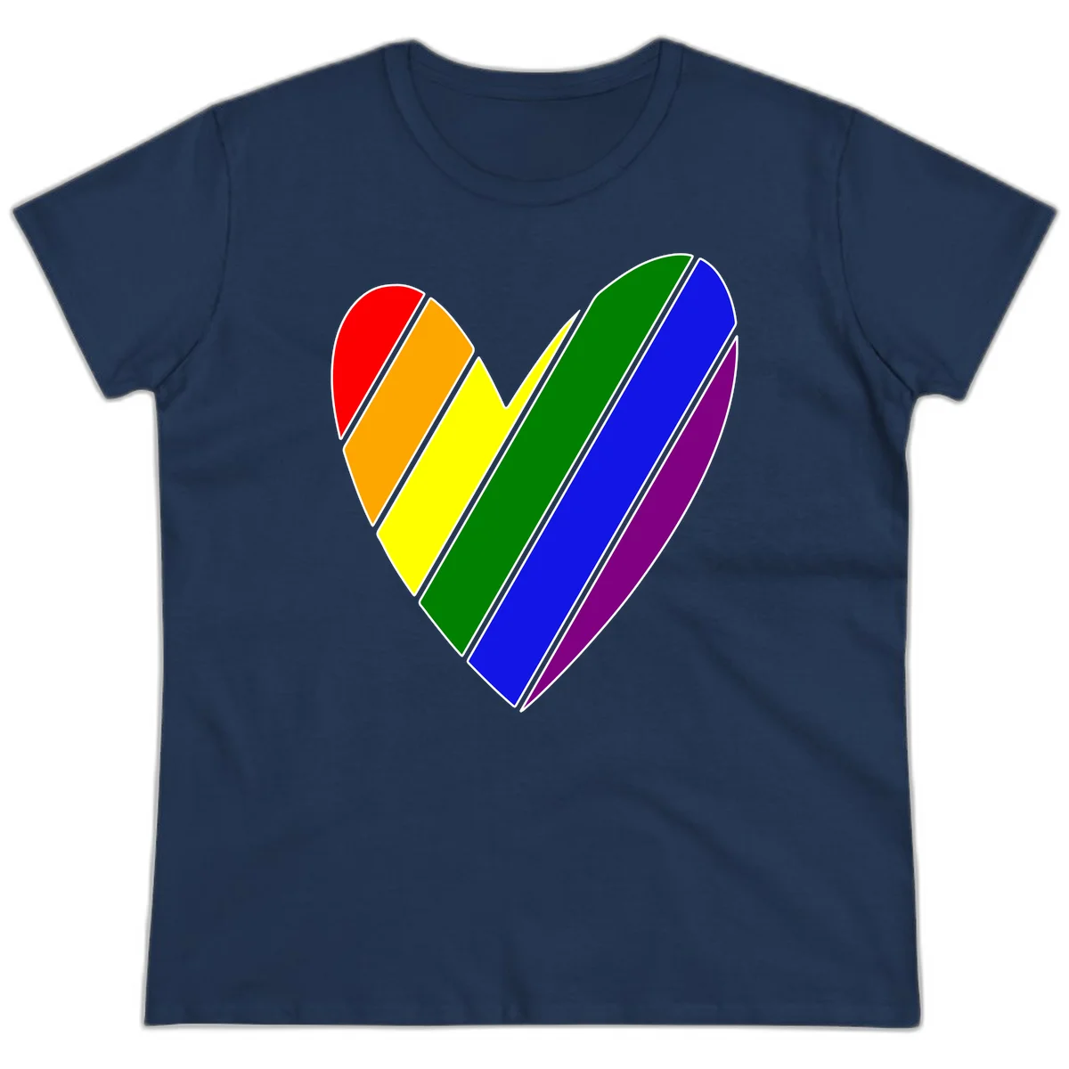 Rainbow pride heart made of diagonal chevron stripes in red, orange, yellow, green, blue, and purple colors with white outlines in Navy