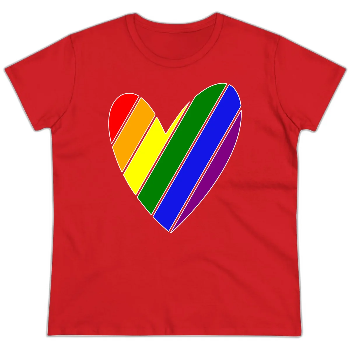 Rainbow pride heart made of diagonal chevron stripes in red, orange, yellow, green, blue, and purple colors with white outlines in Red