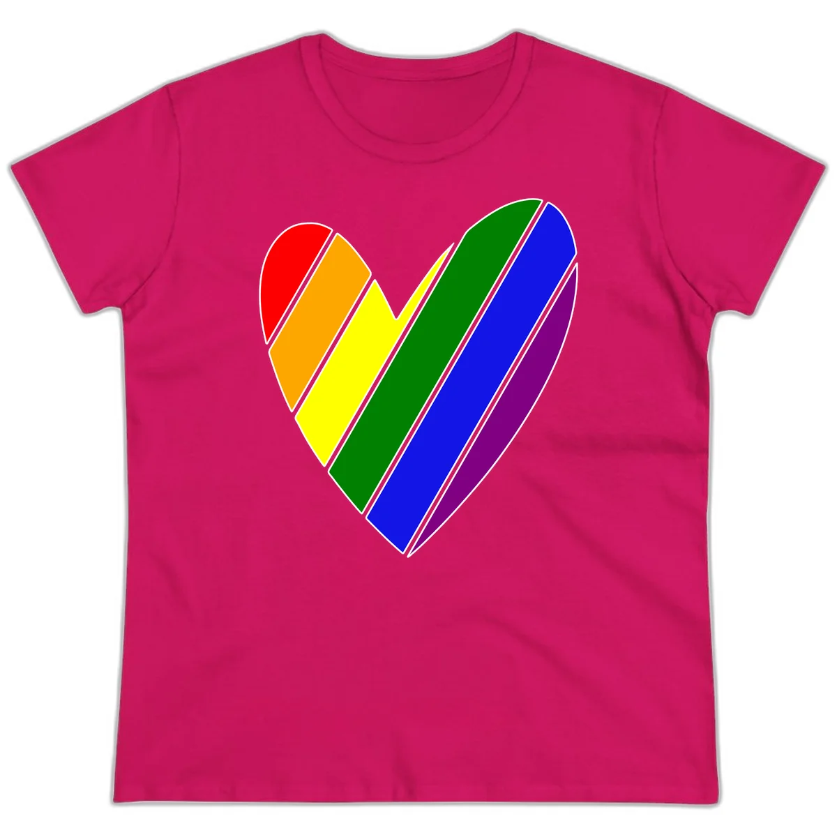 Rainbow pride heart made of diagonal chevron stripes in red, orange, yellow, green, blue, and purple colors with white outlines in Heliconia