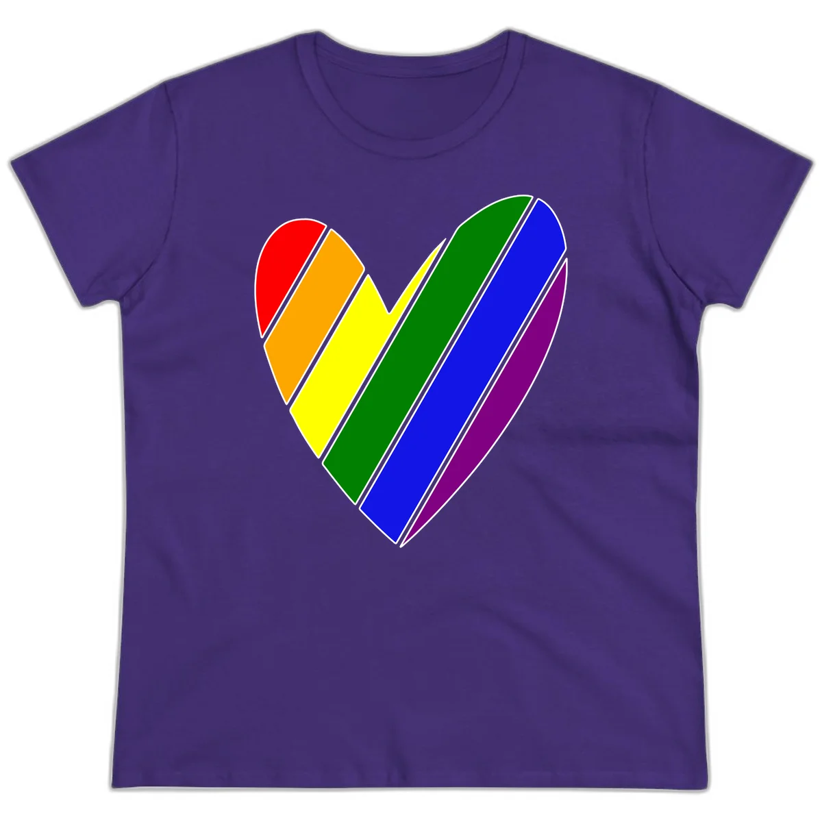 Rainbow pride heart made of diagonal chevron stripes in red, orange, yellow, green, blue, and purple colors with white outlines in Purple