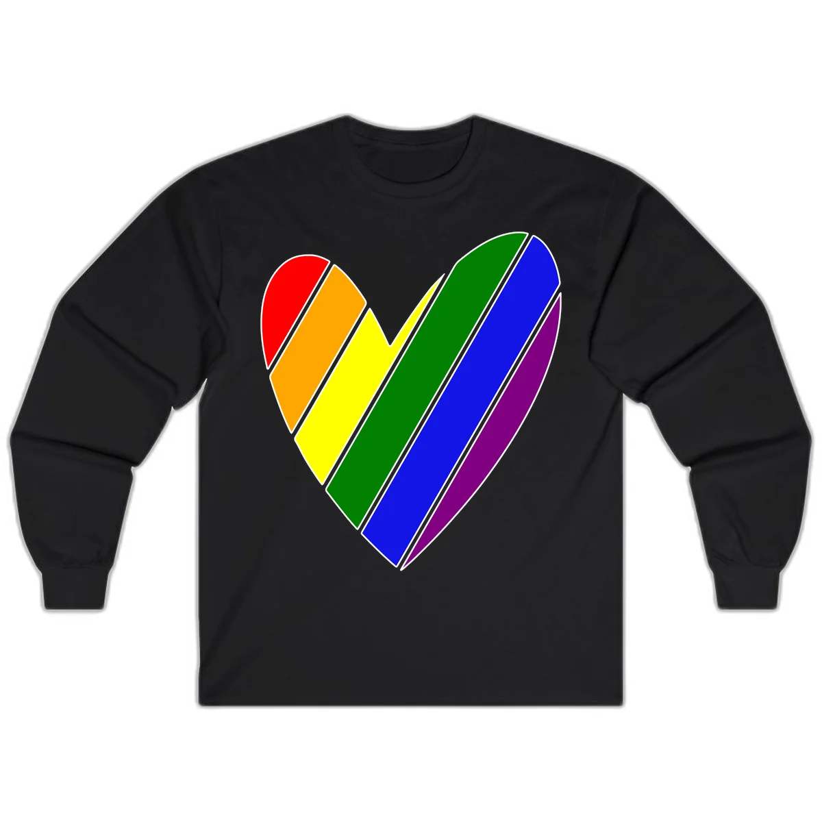 Rainbow pride heart made of diagonal chevron stripes in red, orange, yellow, green, blue, and purple colors with white outlines in Black