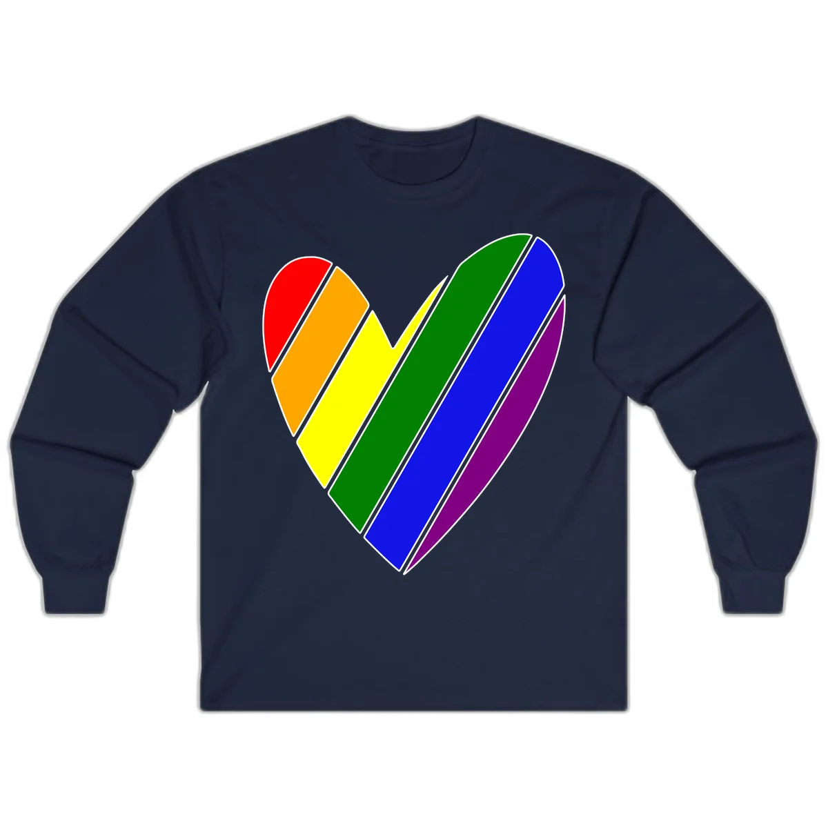 Rainbow pride heart made of diagonal chevron stripes in red, orange, yellow, green, blue, and purple colors with white outlines in Navy