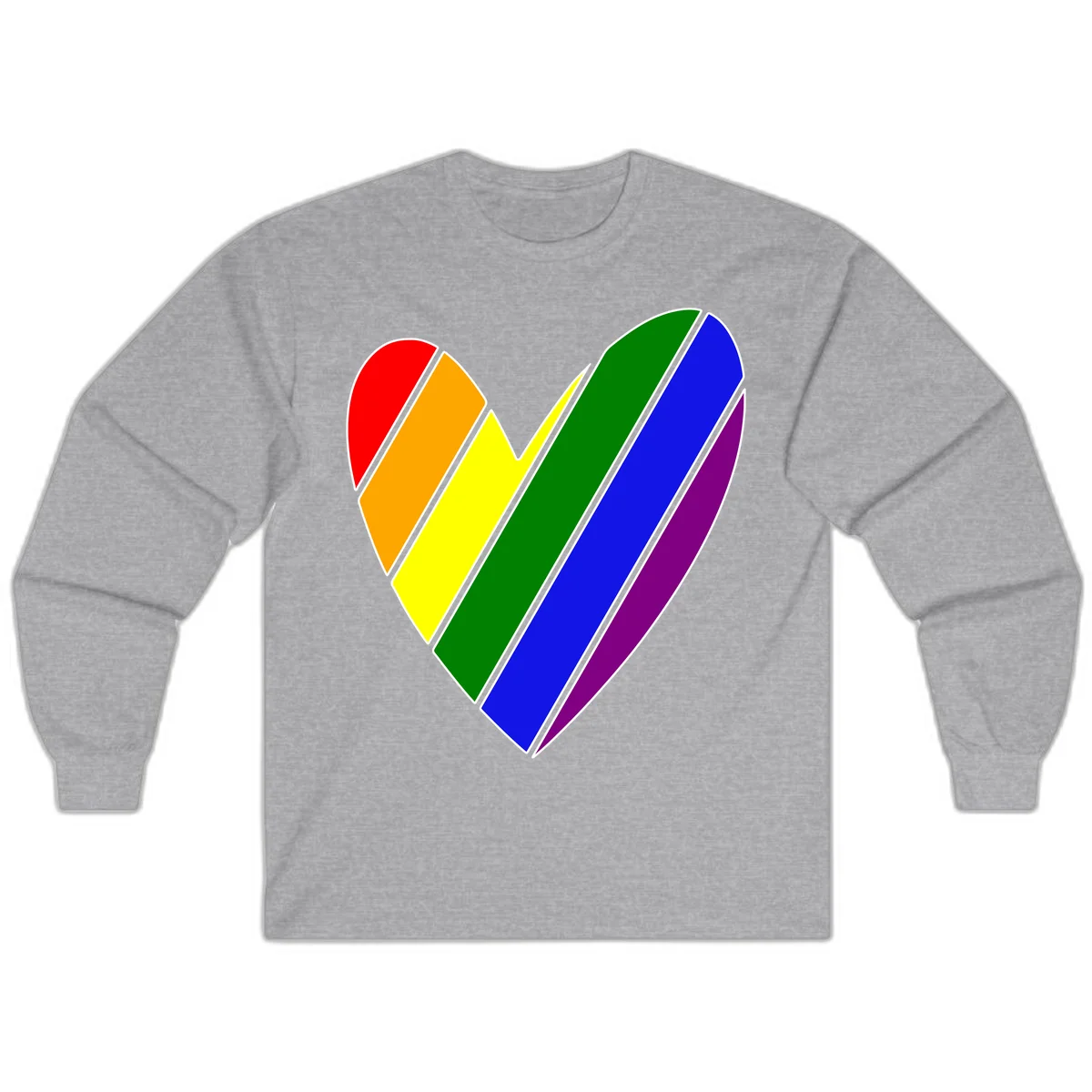 Rainbow pride heart made of diagonal chevron stripes in red, orange, yellow, green, blue, and purple colors with white outlines in Sport Grey
