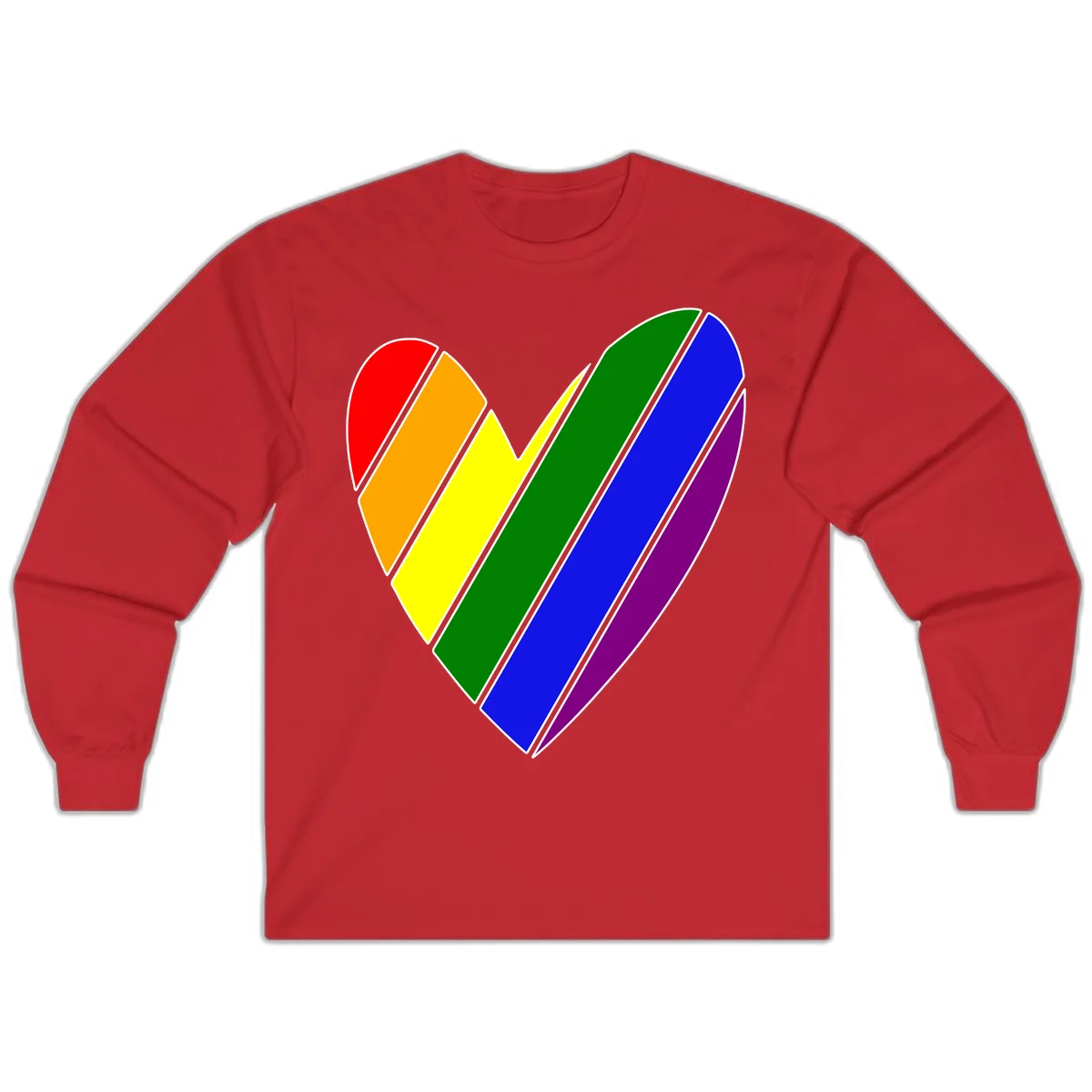 Rainbow pride heart made of diagonal chevron stripes in red, orange, yellow, green, blue, and purple colors with white outlines in Red