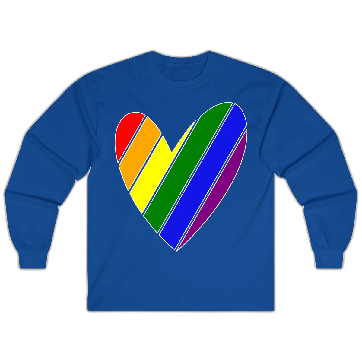 Rainbow pride heart made of diagonal chevron stripes in red, orange, yellow, green, blue, and purple colors with white outlines in Royal