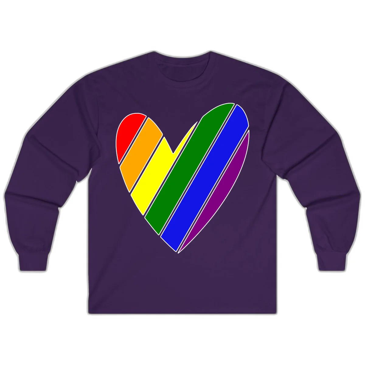 Rainbow pride heart made of diagonal chevron stripes in red, orange, yellow, green, blue, and purple colors with white outlines in Purple