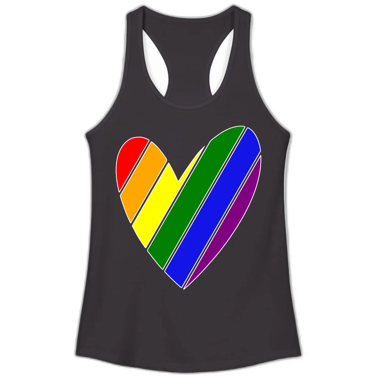 Rainbow pride heart made of diagonal chevron stripes in red, orange, yellow, green, blue, and purple colors with white outlines in Black