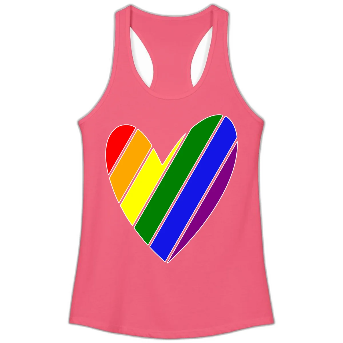 Rainbow pride heart made of diagonal chevron stripes in red, orange, yellow, green, blue, and purple colors with white outlines in Hot Pink