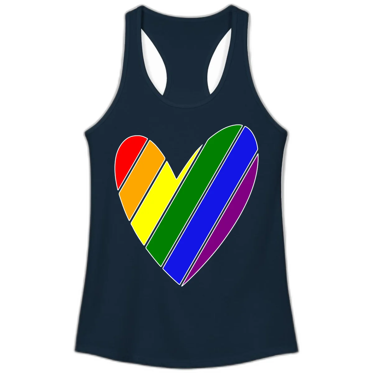Rainbow pride heart made of diagonal chevron stripes in red, orange, yellow, green, blue, and purple colors with white outlines in Solid Midnight Navy